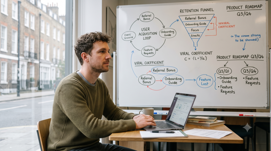 "Founder looking at a growth chart on a laptop with no advertising budget, representing organic marketing strategy"
