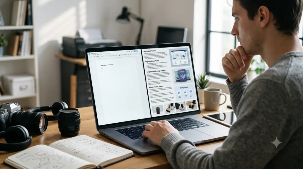 Creator working on a laptop with AI-generated product descriptions and digital product mockups on screen