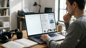 Creator working on a laptop with AI-generated product descriptions and digital product mockups on screen