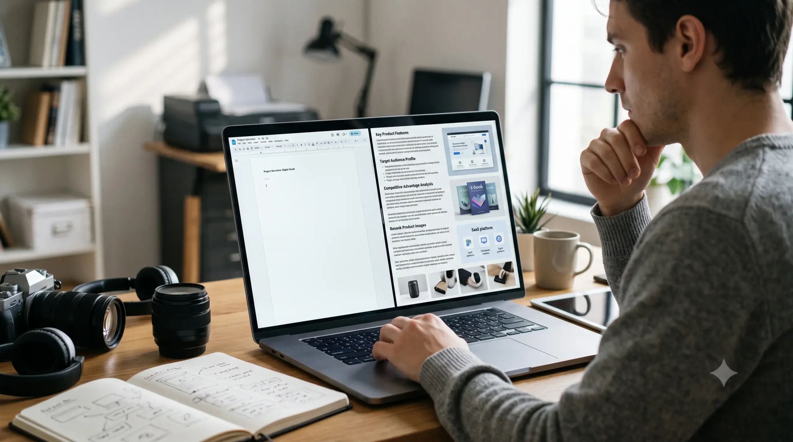 Creator working on a laptop with AI-generated product descriptions and digital product mockups on screen