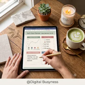 Digital self-care planner template displayed on a tablet with daily wellness tracking pages.