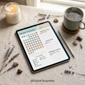 Digital mood tracker template displayed on a tablet showing a daily emotion color-coding chart and mental health reflection tools.