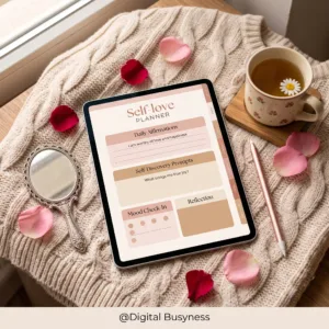 Digital self-love planner template displayed on a tablet showing self-discovery prompts and boundary setting pages.