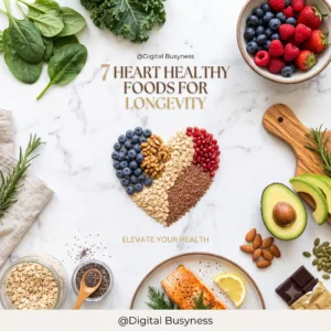 Digital tablet displaying a guide on 7 heart healthy foods for longevity surrounded by fresh superfoods.