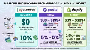 Side-by-side comparison table of Gumroad, Podia, and Shopify pricing and fees