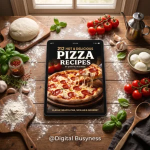 Digital tablet displaying 212 homemade pizza recipes surrounded by fresh dough, tomatoes, and a hot baked pizza.