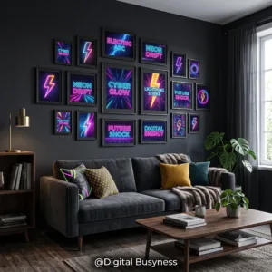 A stylish living room displaying a vibrant gallery wall made from the 230+ electric digital wall art bundle.