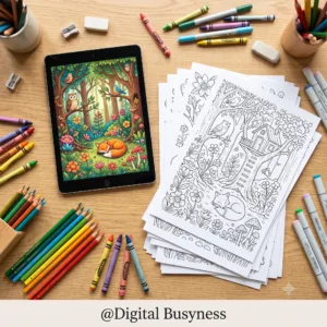 A tablet and freshly printed sheets showing the 2400+ Big Mega Coloring Pages Bundle for kids