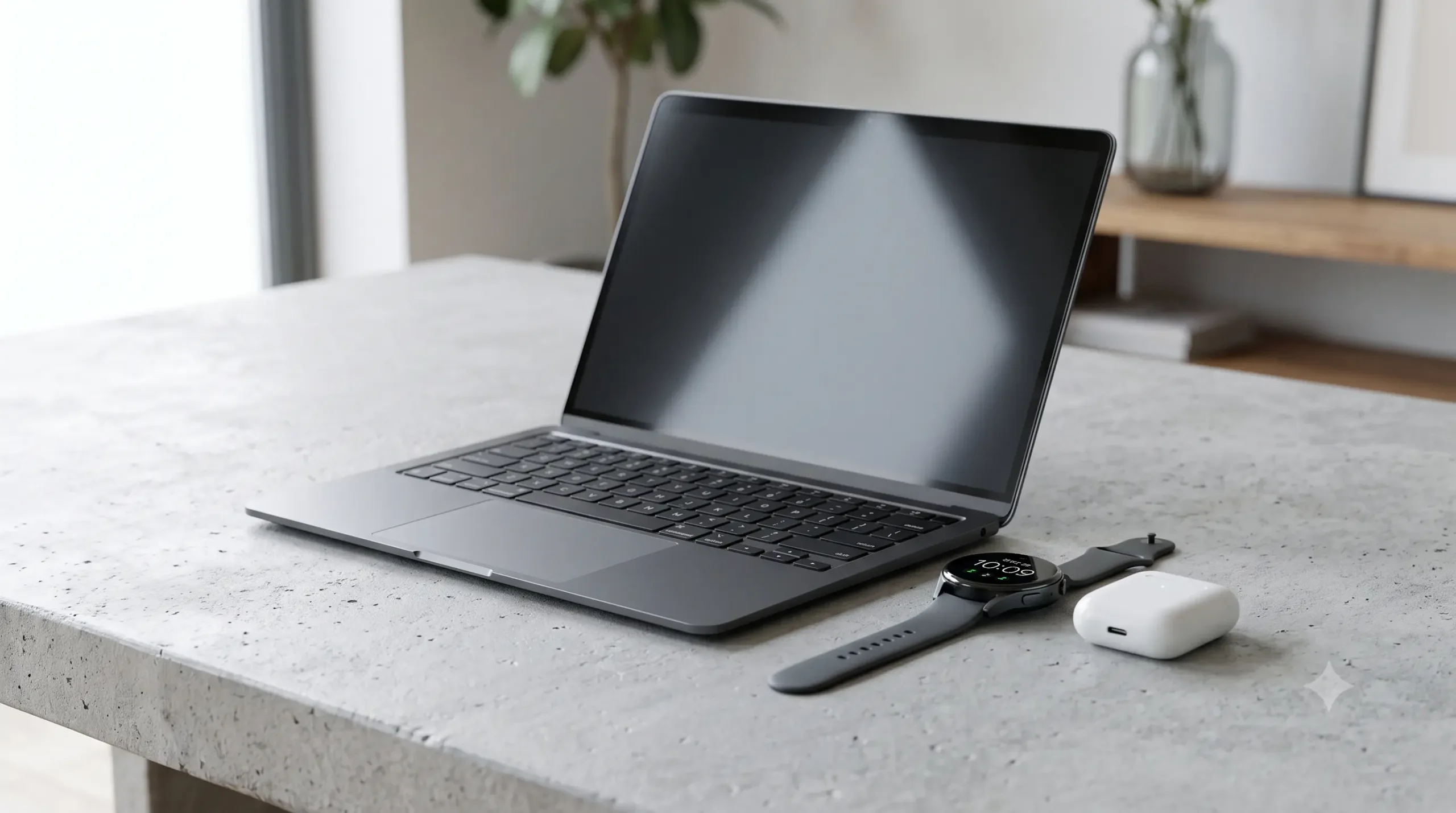 Split concept image of a Microsoft enterprise desk hub device beside a consumer smartwatch and smart glasses, representing Microsoft's wearables gap