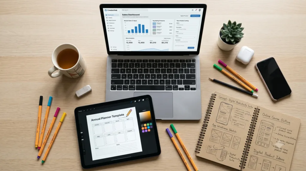 Creator reviewing digital product sales data and revenue charts on a laptop, representing profitable digital product trends