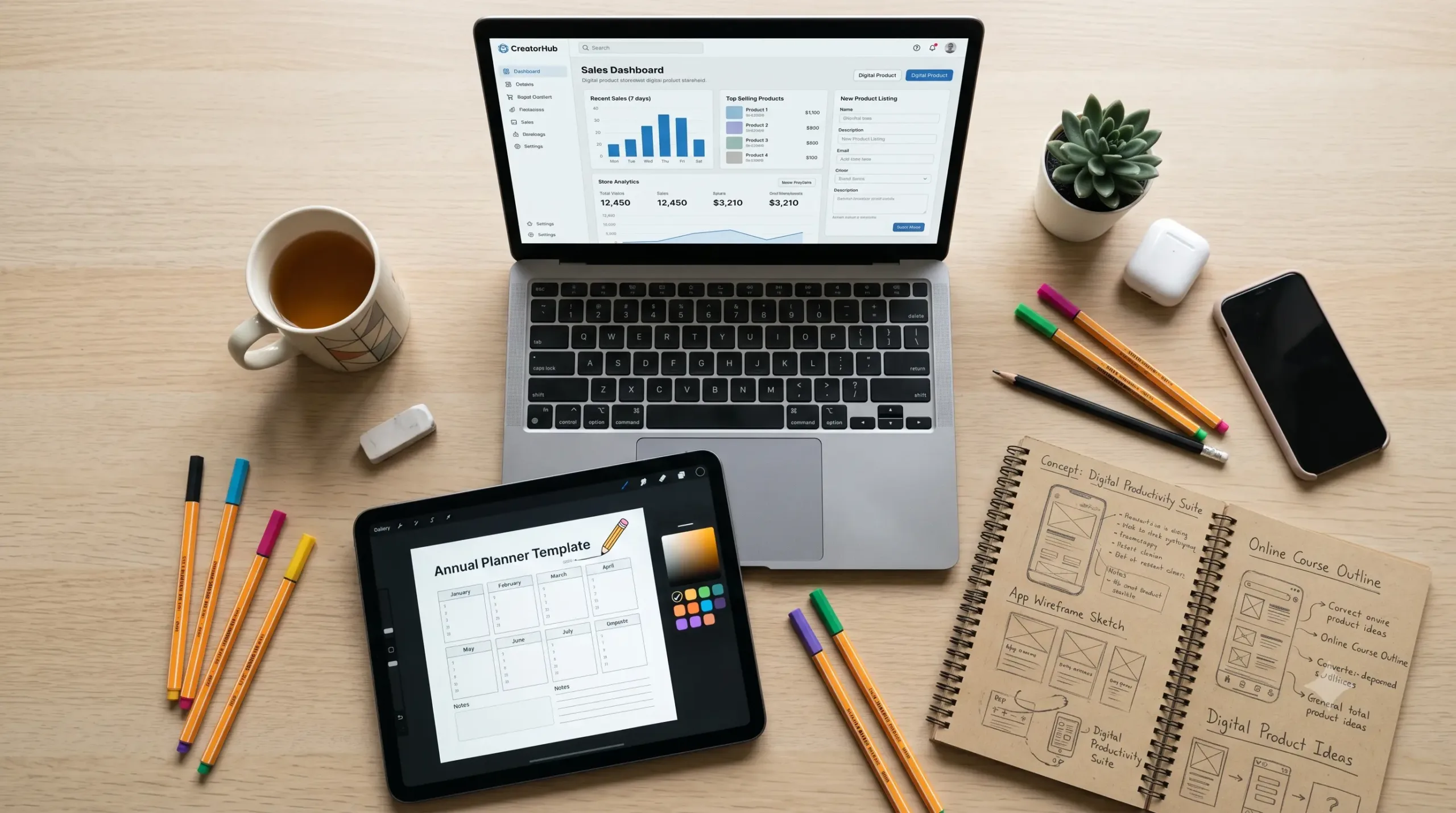 Creator reviewing digital product sales data and revenue charts on a laptop, representing profitable digital product trends