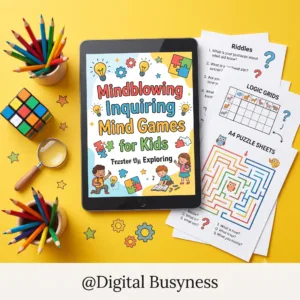 A child excitedly solving printable logic puzzles from the Mindblowing Inquiring Mind Games for kids digital bundle