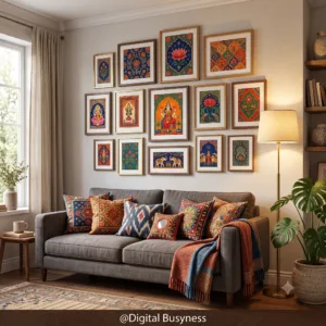 A beautifully decorated living room featuring a gallery wall made from the instant download Indian digital wall art bundle.