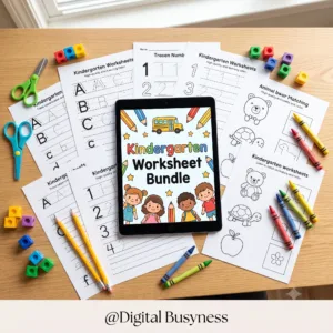 A child happily working on a printable page from the Kindergarten Worksheet Bundle
