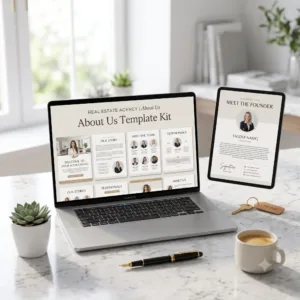 Real Estate About Us Canva Template preview displayed on a laptop and floating digital pages for digitalbusyness.