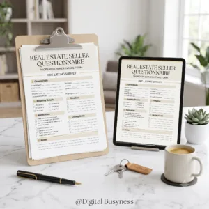 Real Estate Seller Questionnaire Canva Template pre-listing intake form mockup for digitalbusyness