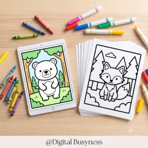 A tablet and printed pages displaying the 7000+ Bold and Easy Colouring Book for kids