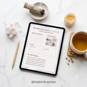 Digital manifestation planner template on a tablet showing vision board and goal setting pages to attract abundance.