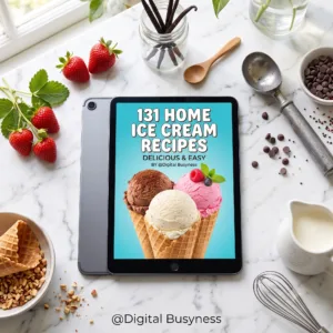 Digital tablet showing 131 homemade ice cream recipes next to an ice cream scoop and fresh ingredients.