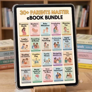 A tablet and smartphone displaying the covers of the 30+ Parents Master eBook Bundle