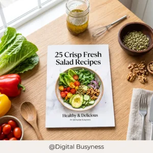 Digital tablet displaying 25 crisp fresh salad recipes, surrounded by fresh greens, cherry tomatoes, and a bowl of mixed salad.