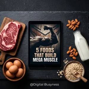 Digital tablet displaying a guide on 5 foods that build mega muscle, surrounded by high-protein ingredients like steak and eggs.