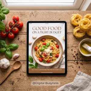 Digital tablet displaying a recipe book for eating well on a budget, surrounded by healthy affordable ingredients.