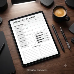 Digital goal planner template displayed on a tablet showing SMART goal setting and daily action plan pages.