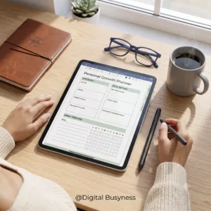 Digital personal growth planner template displayed on a tablet showing vision mapping and habit tracking pages.