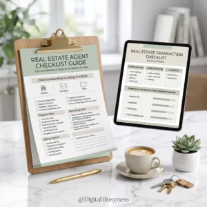 Real Estate Agent Checklist Canva Template showing realtor workflow guides and trackers for digitalbusyness