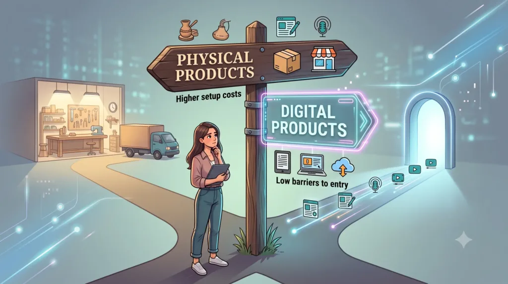 Comparison graphic showing physical product inventory versus digital product files