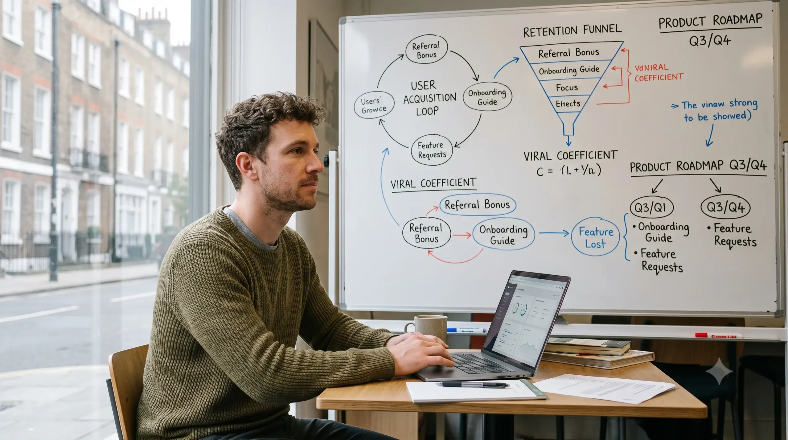 Founder looking at a growth chart on a laptop with no advertising budget, representing organic marketing strategy