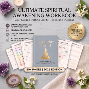 Woman drinking tea and writing in her spiritual awakening workbook to find inner peace and personal growth.