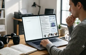 Creator working on a laptop with AI-generated product descriptions and digital product mockups on screen