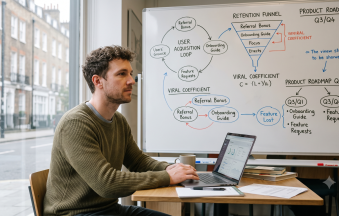 "Founder looking at a growth chart on a laptop with no advertising budget, representing organic marketing strategy"